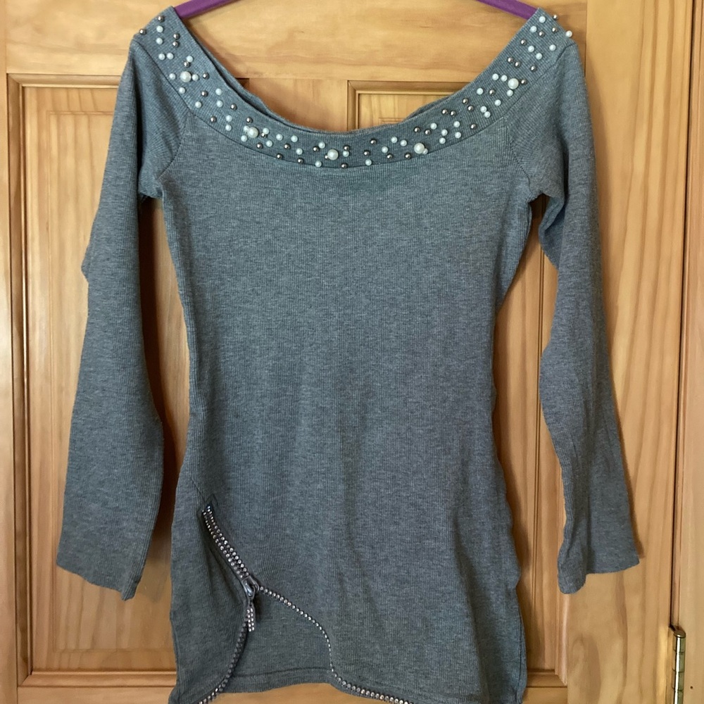 Small long sleeve gray embellished boatneck sweater with zipper bottom detail